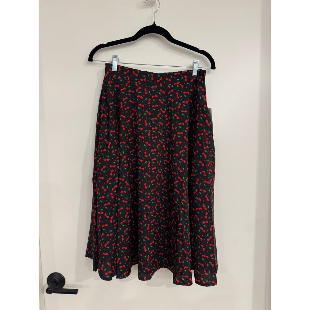 Tulip B Cherry Print Midi Skirt Small Black Red A-Line NWT Lined Retro - Picture 2 of 11